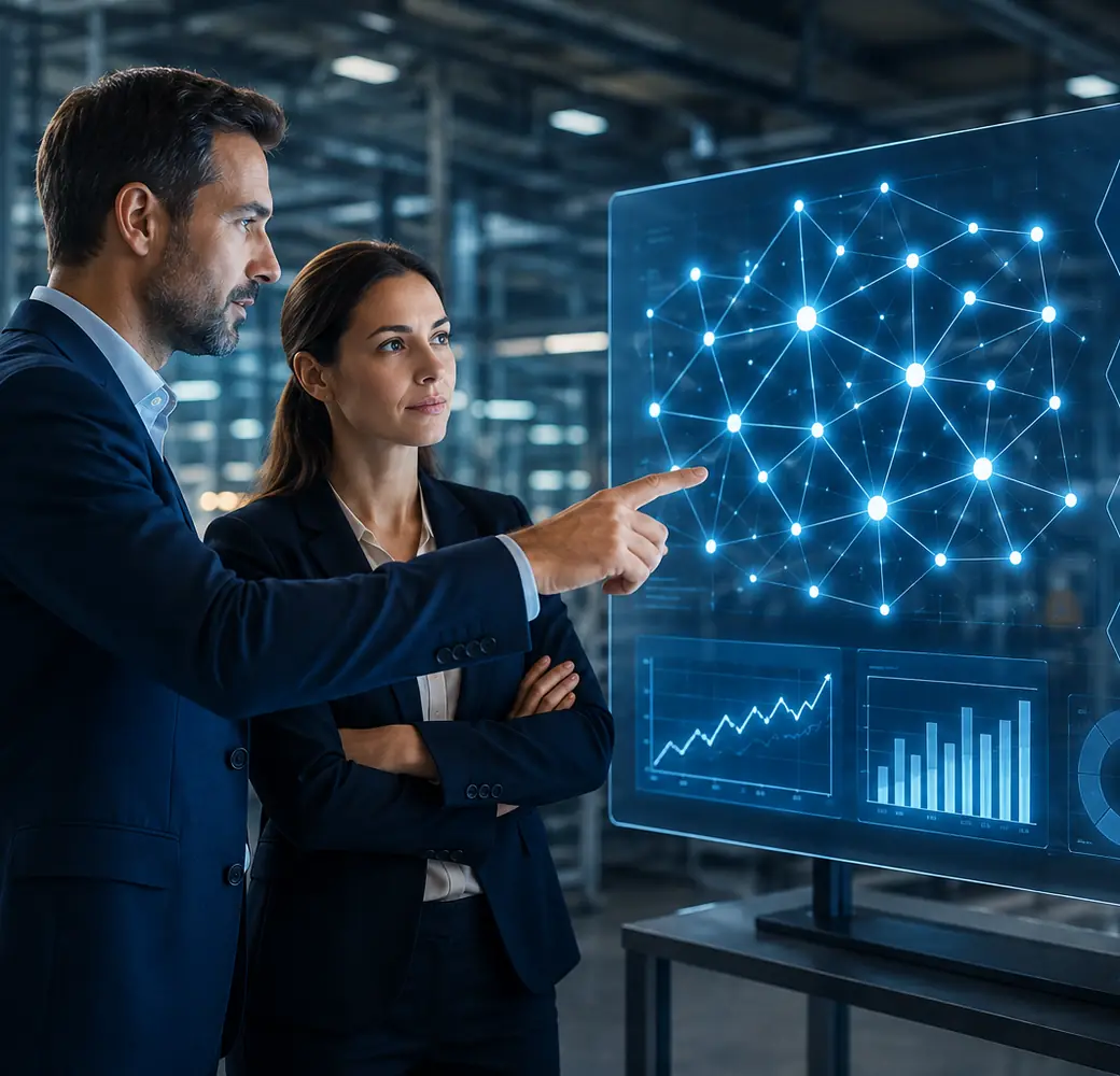Consultants analysant un réseau de données et un workflow d'intelligence artificielle