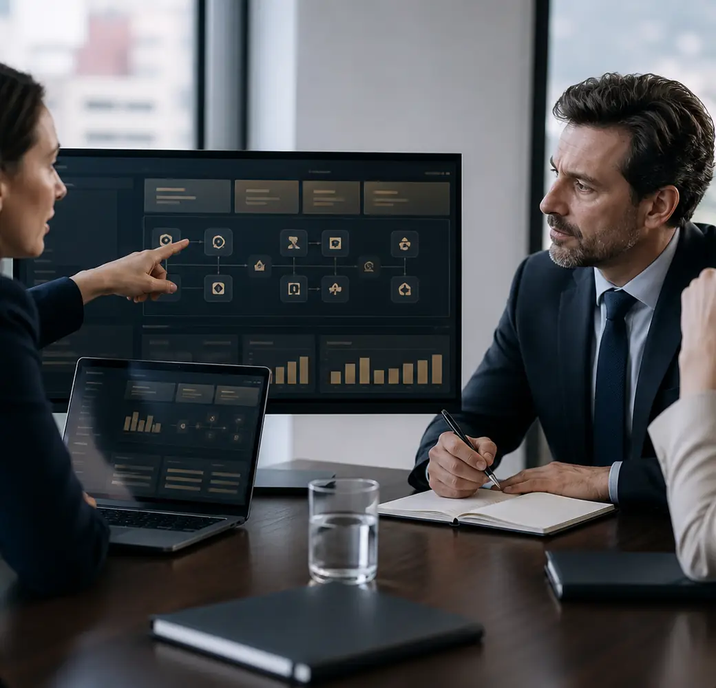 Consultants examinant un tableau de bord d'automatisation de processus